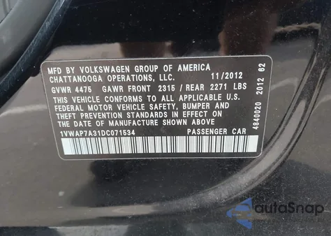 2013 Volkswagen Passat 2.5L S z USA, uszkodzony, nr VIN 1VWAP7A31DC071534